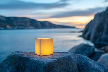 Wall Mural - Illuminated cube on coastal rock at sunset.