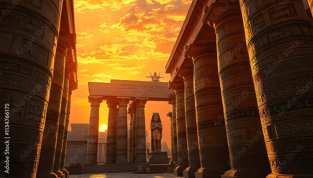 An ancient Egyptian temple at sunset, with massive stone pillars ...