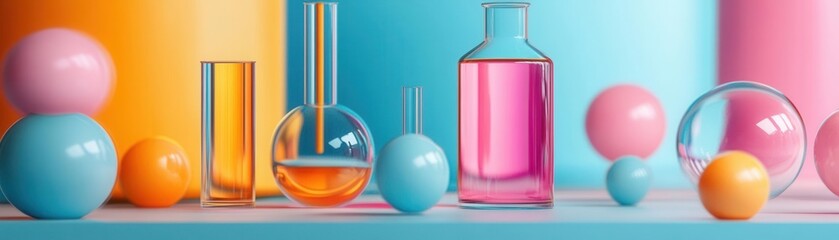 Poster - A vibrant arrangement of colorful lab glassware and spheres set against a blue and pastel backdrop, creating a playful and artistic scientific theme.