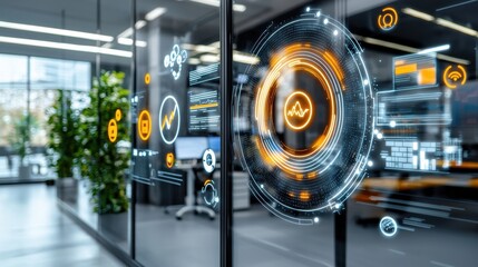 Poster - Futuristic Digital Holographic Interface With Glowing Circular Symbols and Transparency