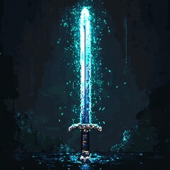 Wall Mural - An 8-bit pixel art sword, infused with modern cartoon aesthetics, glowing with a magical aura