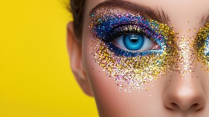 Poster - Captivating Glitter Eye Makeup Portrait of a Smiling Woman