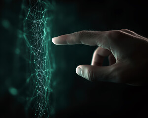 Poster - A hand reaches toward a network of glowing, interconnected lines, symbolizing the fusion of human touch with advanced technology and digital connectivity in an ever-evolving world.