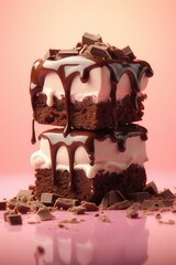 Wall Mural - Delicious layers of chocolate brownie with creamy icing and chocolate chunks create a tempting dessert display on a pink background