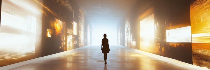 Aufkleber - A visitor walks through a futuristic digital gallery showcasing vibrant virtual artworks and unique avatars, creating an immersive atmosphere. Generative AI