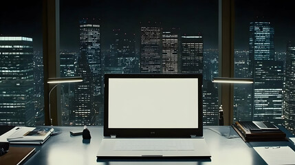 Poster - Laptop with blank screen on desk overlooking night city.