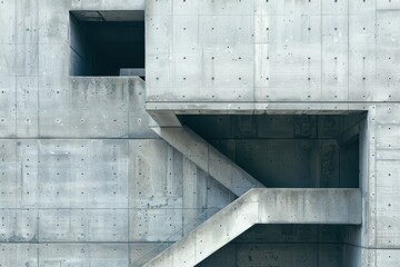 Poster - A modern architecture detail features a concrete wall with stairs leading to an upper level, accompanied by a small window, showcasing minimalist design and industrial style.