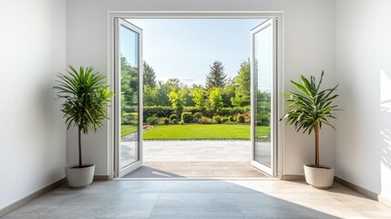 Poster - Bright, modern interior opening to a lush garden with potted plants on either side of the doorway.