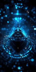 Poster - This striking image features a futuristic battleship surrounded by glowing blue lights, depicting a mesmerizing fusion of technology and marine strength amidst a digital backdrop.