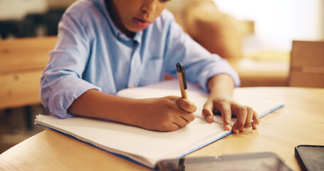 Poster - Writing, hands and child with notebook, home and kid with information, education and studying for exam. Desk, growth and development of kid, knowledge and preparing for test, math and youth in house