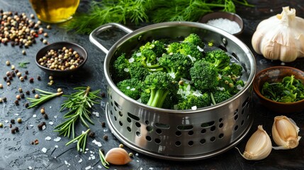 Poster - Steamed broccoli in pan with garlic, spices on dark surface.