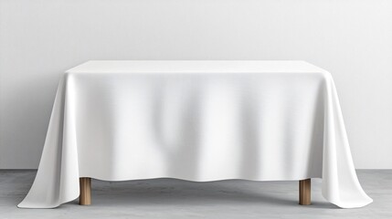 Poster - A simple white tablecloth drapes over a wooden table against a plain wall.