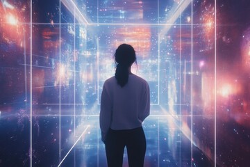 Fototapete - A person stands in a vibrant digital gallery, surrounded by glowing artworks that create an immersive experience in a virtual setting. Generative AI