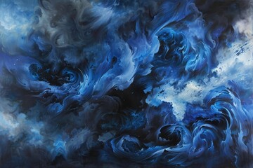 Poster - Deep shades of blue and black blend together, forming swirling patterns that evoke a sense of movement and depth, reminiscent of a cosmic scene.