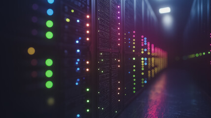 Poster - A computer server room with a colorful display of lights