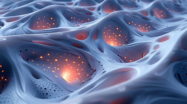 Abstract 3D rendering of a futuristic, organic structure with glowing orange lights within its cavities.