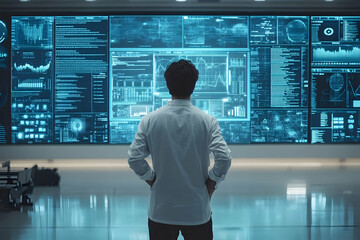 Poster - Man observing large digital data screens.