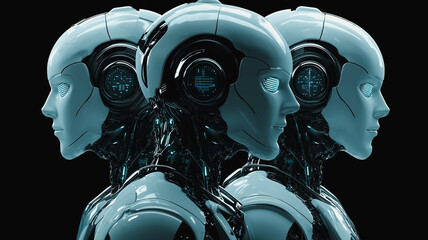 Poster - Three robot heads are shown in a row, with their eyes glowing