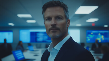 Poster - A man in a suit stands in front of a wall of monitors