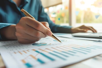 Poster - A person is focused on analyzing financial reports with charts and graphs, using a pen to take notes while seated at an office desk in the afternoon light.