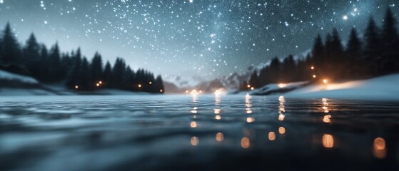Wall Mural - Starry skies mirror on the tranquil lake, surrounded by dark silhouettes of pine forests, creating a magical interplay of light and reflection.