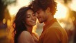 © btiger - Happy black couple embracing for Valentine's Day portrait in golden hour light romantic photography