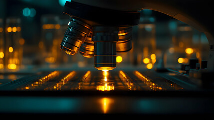 Poster - Microscope lens focused on illuminated microchip.