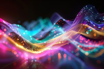 Poster - Vibrant waves of light in hues of blue, pink, and gold dance gracefully against a dark background, suggesting an abstract interpretation of sound waves and energy dynamics.