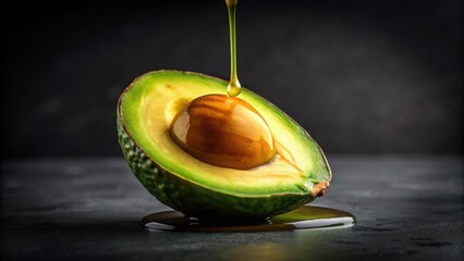 Wall Mural - Half avocado drizzled with honey on black background, avocado, honey, black background, natural, healthy, organic, food, fruit