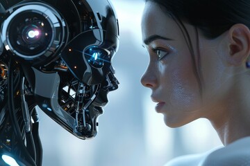 Poster - In a futuristic environment, a humanoid robot and a woman engage in a captivating gaze, highlighting the blend of human and artificial intelligence.