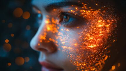 Poster - A woman's face is covered in glowing, pixelated patterns
