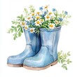 © WeeraWanderlust - Watercolor illustration clipart of a pair of rain boots filled with freshly picked wildflowers, Digital clipart watercolor aesthetic,  isolated on white background.