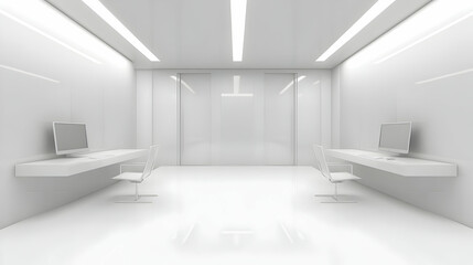 Poster - Minimalist white office interior with two workstations and sleek design.