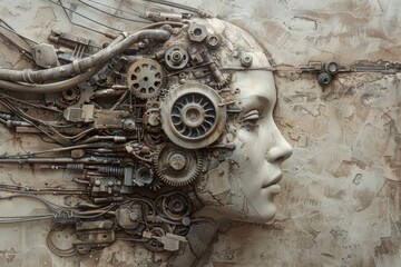 Poster - A human-like face crafted from intricate mechanical parts and gears illustrates the blend of technology and creativity in a unique art installation.