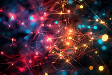 Poster - A mesmerizing display of bright, interconnected lights emerges against a dark background, creating an enchanting digital atmosphere filled with vibrant colors and intricate patterns.
