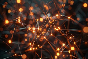 Fototapete - Vibrant interconnected lines emit glowing orbs creating a mesmerizing digital network, showcasing a blend of technology and abstract art against a dark background.