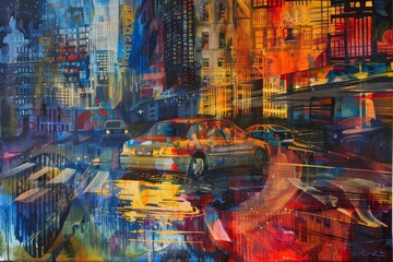 Poster - A car navigates through rainy city streets at night, as vibrant colors from surrounding buildings and neon lights reflect off the wet pavement, creating a lively urban atmosphere.