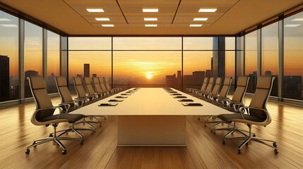 Poster - Modern boardroom with city sunset view.