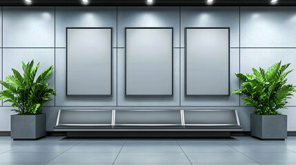 Poster - Modern hallway with three blank posters, plants, and bench.
