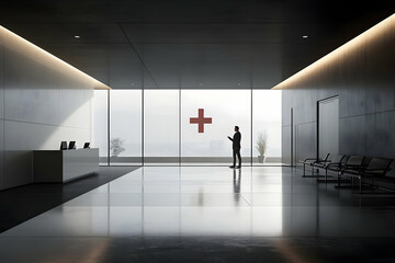 Poster - Modern hospital lobby with businessman.