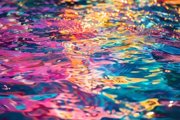 Poster - The tranquil pool showcases a mesmerizing display of colors as sunlight interacts with its surface, creating shimmering reflections in vibrant hues.