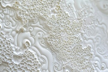 Poster - Beautiful lace patterns adorn a textured surface, showcasing intricate designs and organic forms that create visual depth and elegance in soft lighting.