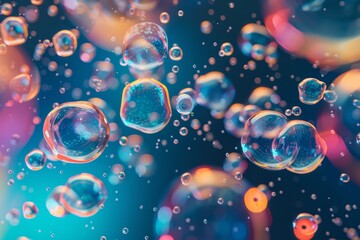 Poster - Bubbles in various sizes drift through water, creating a mesmerizing display of color and light, capturing the essence of an underwater environment.