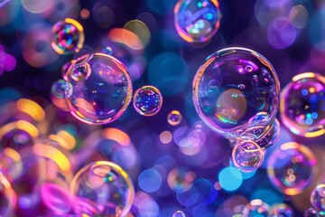 Poster - A collection of soap bubbles elegantly floats in the air, capturing and reflecting a spectrum of colors against a dreamy purple backdrop filled with shimmering light.