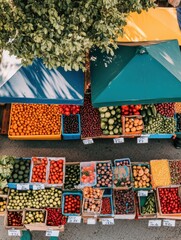 Poster - Colorful stalls filled with a variety of fresh fruits and vegetables create a bustling atmosphere at the farmers' market under sunny skies. Generative AI