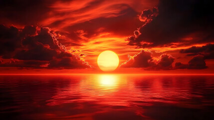 Wall Mural - the sun setting in a fiery red sky filled with swirling clouds, mirrored in the water's surface for 