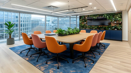 Poster - Modern office meeting room with large table, plants, and city view.