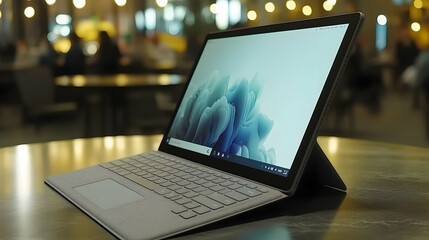 Poster - Modern tablet computer with keyboard on table in cafe.