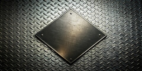 A diamond-shaped steel plate with a worn and aged surface resting on a diamond plate background.