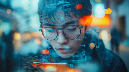 Poster - A man with glasses is looking at a cell phone. The image has a blurry, distorted effect, which gives it a dreamy, surreal quality. The man's gaze is focused on the screen, and he is lost in thought